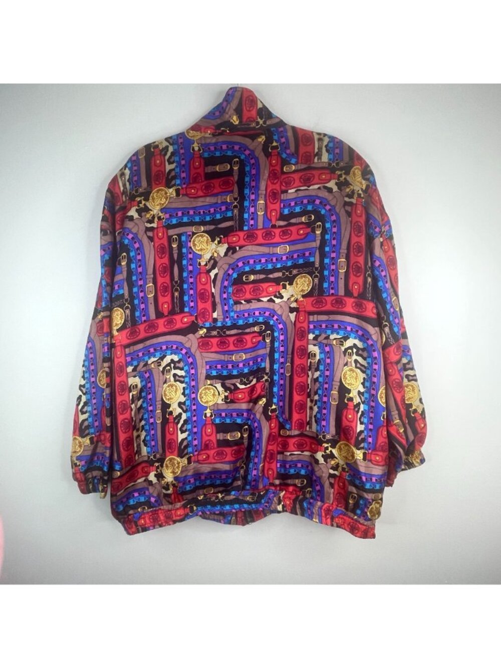 Vintage Bomber Jacket 1X Retro Silk 80s 90s Fresh Prince Baggy Urban Chain Print - Picture 2 of 16